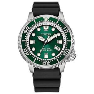 citizen promaster dive eco-drive watch, 3-hand date, iso certified, luminous hands and markers, rotating bezel, black/green (model: bn0158-00x)