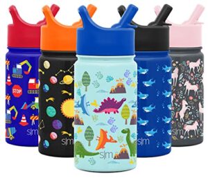 simple modern kids water bottle with straw lid | insulated stainless steel reusable tumbler for toddlers, girls, boys | summit collection | 14oz, blue dino