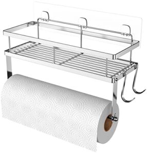 esow paper towel holder with shelf storage, adhesive wall mount 2-in-1 basket organizer for kitchen & bathroom, durable metal wire design, stainless steel 304 brushed nickel finish