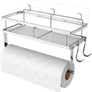 ESOW Paper Towel Holder with Shelf Storage, Adhesive Wall Mount 2-in-1 Basket Organizer for Kitchen & Bathroom, Durable Metal Wire Design, Stainless Steel 304 Brushed Nickel Finish