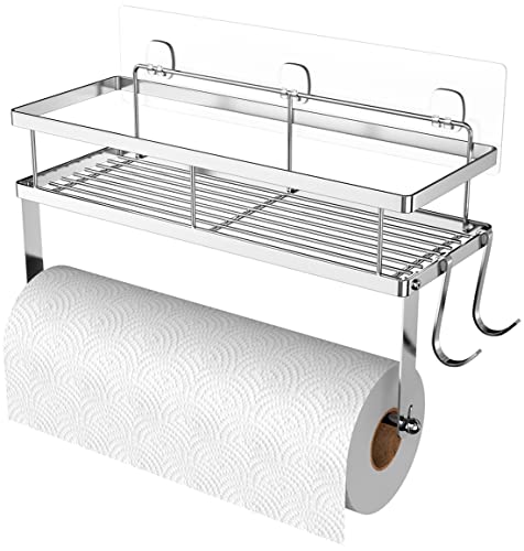 ESOW Paper Towel Holder with Shelf Storage, Adhesive Wall Mount 2-in-1 Basket Organizer for Kitchen & Bathroom, Durable Metal Wire Design, Stainless Steel 304 Brushed Nickel Finish