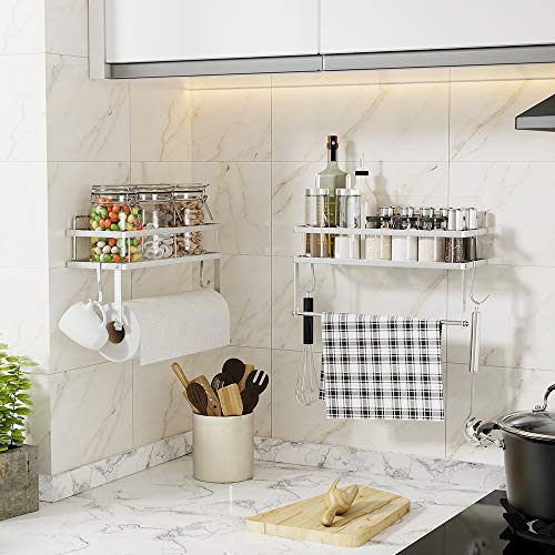 ESOW Paper Towel Holder with Shelf Storage, Adhesive Wall Mount 2-in-1 Basket Organizer for Kitchen & Bathroom, Durable Metal Wire Design, Stainless Steel 304 Brushed Nickel Finish