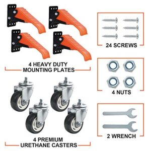 Ronlap Workbench Casters Kit 880 Lbs Capacity, 3" Extra Heavy Duty Retractable Casters 4 Pack, Side Mounted Adjustable Table Stepdown Casters