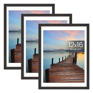 sindcom 12x16 frame 3 pack, with detachable mat for 11x14 pictures, wall mounting charcoal gray photo frame, pre-installed hanging hooks for portrait or landscape mode
