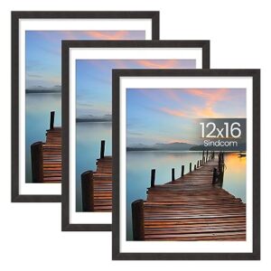 Sindcom 12x16 Frame 3 Pack, with Detachable Mat for 11x14 Pictures, Wall Mounting Charcoal Gray Photo Frame, Pre-Installed Hanging Hooks for Portrait or Landscape Mode