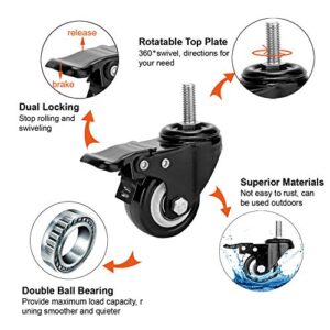 2" Stem Caster Wheels with Safety Dual Locking 600Lbs Heavy Duty Threaded Stem Casters No Noise Swivel Castors with Brakes 3/8"- 16 x 1" (Set of 4)