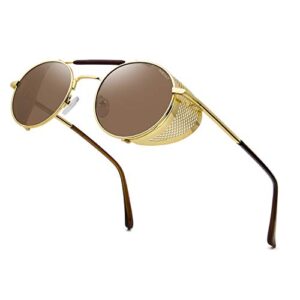 andoilt steampunk style round sunglasses for men women vintage retro eyewear matel frame uv400 protection golden frame brown lens