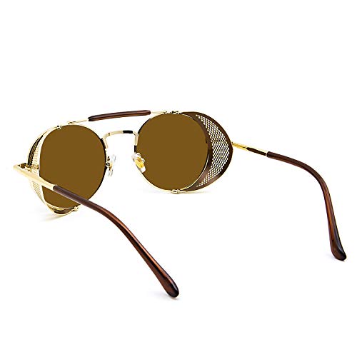 ANDOILT Steampunk Style Round Sunglasses for Men Women Vintage Retro Eyewear Matel Frame UV400 Protection Golden frame Brown lens