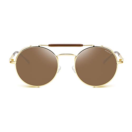 ANDOILT Steampunk Style Round Sunglasses for Men Women Vintage Retro Eyewear Matel Frame UV400 Protection Golden frame Brown lens