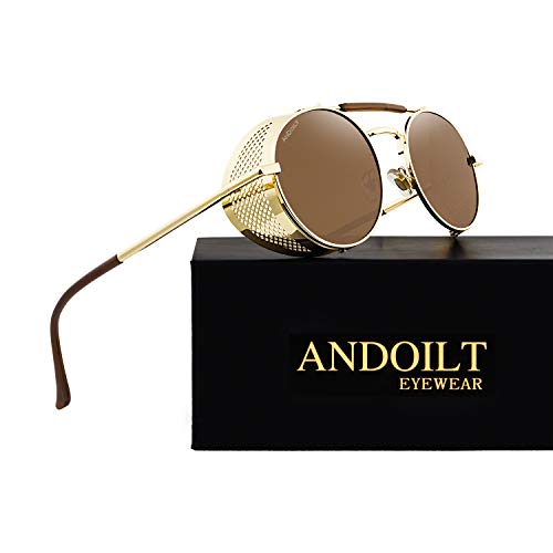 ANDOILT Steampunk Style Round Sunglasses for Men Women Vintage Retro Eyewear Matel Frame UV400 Protection Golden frame Brown lens