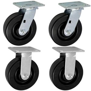 icon caster wheels 6" x 2" phn heavy duty industrial casters, top plate 4" x 4.5", black, 2 rigid 2 swivel, non-marking phenolic wheel, load capacity 4800 lbs. per set (4-pack)