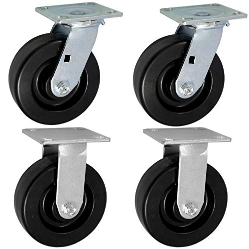 ICON Caster Wheels 6" x 2" PHN Heavy Duty Industrial Casters, Top Plate 4" x 4.5", Black, 2 Rigid 2 Swivel, Non-Marking Phenolic Wheel, Load Capacity 4800 lbs. per Set (4-Pack)