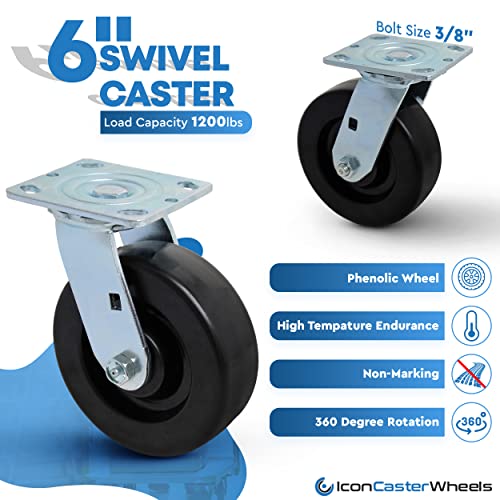 ICON Caster Wheels 6" x 2" PHN Heavy Duty Industrial Casters, Top Plate 4" x 4.5", Black, 2 Rigid 2 Swivel, Non-Marking Phenolic Wheel, Load Capacity 4800 lbs. per Set (4-Pack)