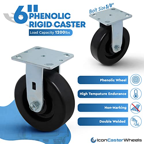 ICON Caster Wheels 6" x 2" PHN Heavy Duty Industrial Casters, Top Plate 4" x 4.5", Black, 2 Rigid 2 Swivel, Non-Marking Phenolic Wheel, Load Capacity 4800 lbs. per Set (4-Pack)