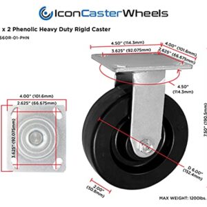 ICON Caster Wheels 6" x 2" PHN Heavy Duty Industrial Casters, Top Plate 4" x 4.5", Black, 2 Rigid 2 Swivel, Non-Marking Phenolic Wheel, Load Capacity 4800 lbs. per Set (4-Pack)