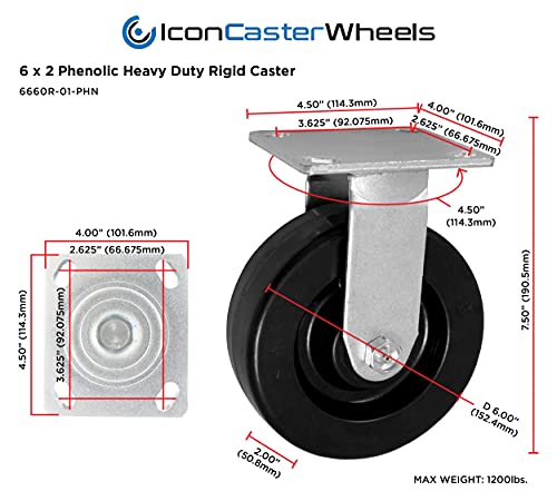 ICON Caster Wheels 6" x 2" PHN Heavy Duty Industrial Casters, Top Plate 4" x 4.5", Black, 2 Rigid 2 Swivel, Non-Marking Phenolic Wheel, Load Capacity 4800 lbs. per Set (4-Pack)