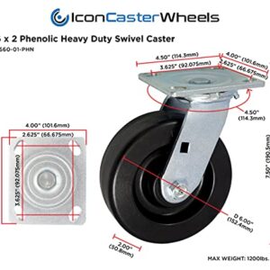 ICON Caster Wheels 6" x 2" PHN Heavy Duty Industrial Casters, Top Plate 4" x 4.5", Black, 2 Rigid 2 Swivel, Non-Marking Phenolic Wheel, Load Capacity 4800 lbs. per Set (4-Pack)