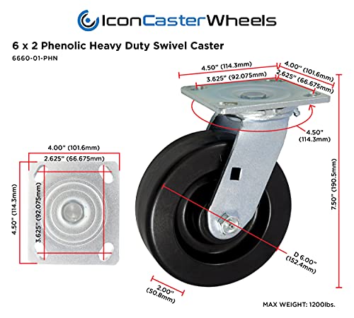 ICON Caster Wheels 6" x 2" PHN Heavy Duty Industrial Casters, Top Plate 4" x 4.5", Black, 2 Rigid 2 Swivel, Non-Marking Phenolic Wheel, Load Capacity 4800 lbs. per Set (4-Pack)