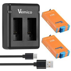 vemico gopro max 360 battery charger kit 2 x 1600mah replacement batteries and 2-channel led type-c/micro usb charger fully compatible with gopro max(acbat-001)