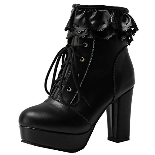 LUXMAX Women Lace Up Platform Ankle Boots Block High Heel Short Booties, Size 12.5 M US,Black