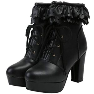 LUXMAX Women Lace Up Platform Ankle Boots Block High Heel Short Booties, Size 12.5 M US,Black