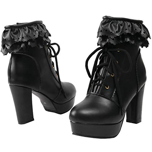 LUXMAX Women Lace Up Platform Ankle Boots Block High Heel Short Booties, Size 12.5 M US,Black