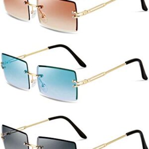 3 Pairs Rimless Rectangle Sunglasses Tinted Frameless Eyewear Vintage Transparent Y2K Glasses for Women Men (Grey, Tea and Blue)