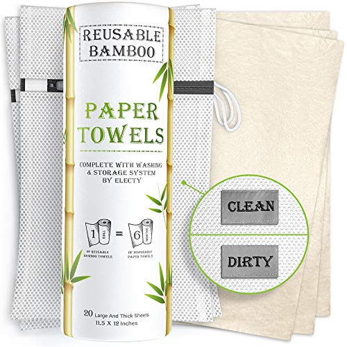 Electy Reusable Paper Towels – 20 Bamboo Paper Towels with 2 Wash and Storage Bags, 6 Month Supply, Zero Waste! Heavy Duty - Eco Friendly Paper Towels - Paperless Paper Towels