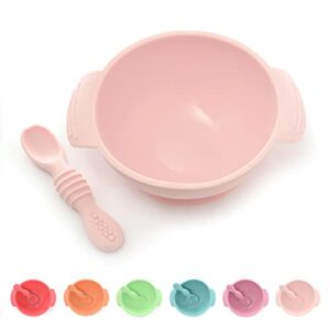 PrimaStella Unbreakable Silicone Non-Slip Bowl and Chew Spoon Set for Babies and Toddlers (Pink)