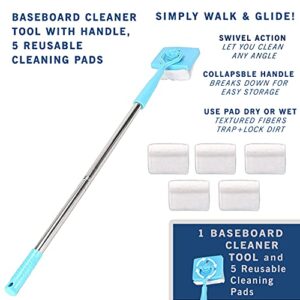 Baseboard Cleaner Tool with Handle 5 Reusable Cleaning Pads by No-Bending Mop Baseboard Cleaner Tool Long Handle Baseboard Cleaner tool for cleaning skirting boards and moldings,Baseboard Mop