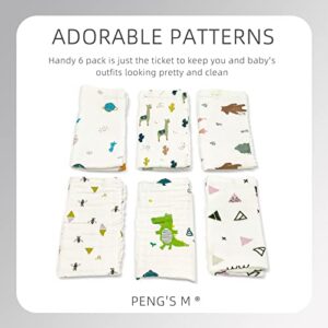 PENG'S M Muslin Baby Burp Cloths 6-Pack Organic Cotton Washcloths 20 by 10 Inches Cloths 6 Layers Super Soft