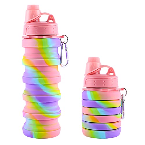 MAKERSLAND Rainbow Collapsible Folding Water Bottles for Kids, Students, Adults, Reusable BPA Free Silicone Foldable Sports Water Bottles for Travel Camping Hiking, Pink