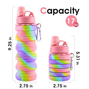 MAKERSLAND Rainbow Collapsible Folding Water Bottles for Kids, Students, Adults, Reusable BPA Free Silicone Foldable Sports Water Bottles for Travel Camping Hiking, Pink