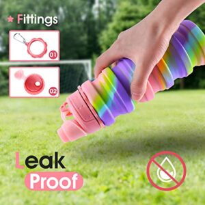 MAKERSLAND Rainbow Collapsible Folding Water Bottles for Kids, Students, Adults, Reusable BPA Free Silicone Foldable Sports Water Bottles for Travel Camping Hiking, Pink