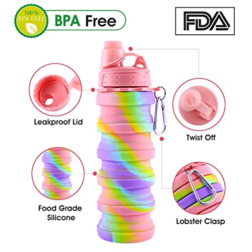 MAKERSLAND Rainbow Collapsible Folding Water Bottles for Kids, Students, Adults, Reusable BPA Free Silicone Foldable Sports Water Bottles for Travel Camping Hiking, Pink