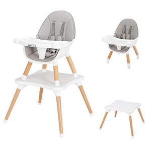 joymor 5-in-1 baby high chair for infants to toddler, 4-position adjustable wooden eating highchair with leather seat cushion, convertible kids table and chair set