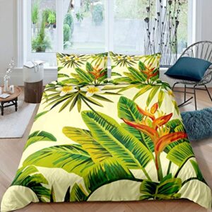 leaves duvet cover queen size,tropical theme plants floral bedding,jungle banana leaves comforter cover set botanical quilt cover red yellow flower 3pc green leaf duvet cover+ 2 pillow cases