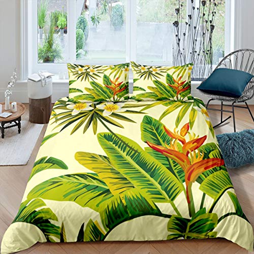 Leaves Duvet Cover Queen Size,Tropical Theme Plants Floral Bedding,Jungle Banana Leaves Comforter Cover Set Botanical Quilt Cover Red Yellow Flower 3PC Green Leaf Duvet Cover+ 2 Pillow Cases