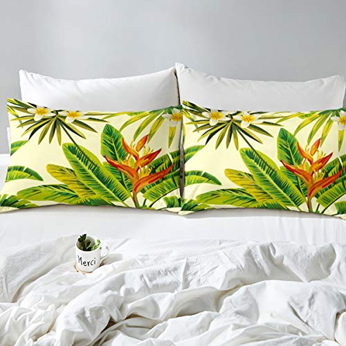 Leaves Duvet Cover Queen Size,Tropical Theme Plants Floral Bedding,Jungle Banana Leaves Comforter Cover Set Botanical Quilt Cover Red Yellow Flower 3PC Green Leaf Duvet Cover+ 2 Pillow Cases