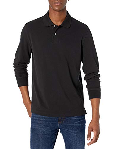 Amazon Essentials Men's Regular-Fit Long-Sleeve Pique Polo, Black, Large