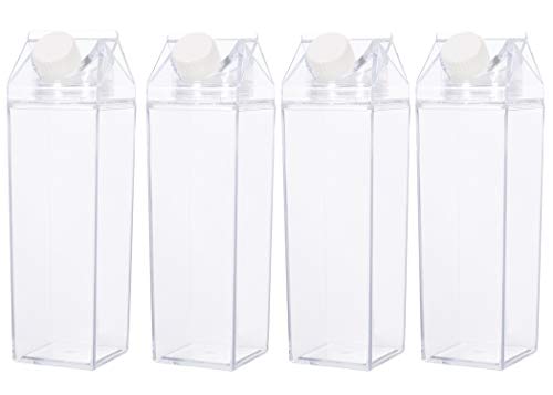 TIPSY UMBRELLA Clear Milk Carton Water Bottle (4PACK) - BPA Free Child Friendly - Environmentally Reusable – Milk Carton Shaped Water Bottle – Juice/Boba Tea Bottle – 17oz