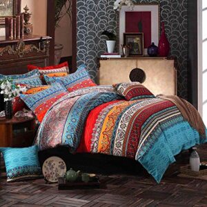 nanko queen duvet cover set boho red blue colorful retro striped print 3pc 90 x 90 luxury soft microfiber down comforter quilt bedding cover with zipper ties - bohemian exotic style for men and women
