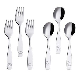 annova children's flatware 6 pieces set - stainless steel silverware 3 x safe forks, 3 x dinner spoons - kids toddler utensils lunch box (engraved dinosaurs t-rex, triceratops)