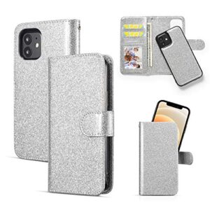 qltypri case for iphone 12 mini premium pu leather rubber silicone bumper card holder magnetic detachable wallet case cover for iphone 12 mini (5.4 inch) - silver