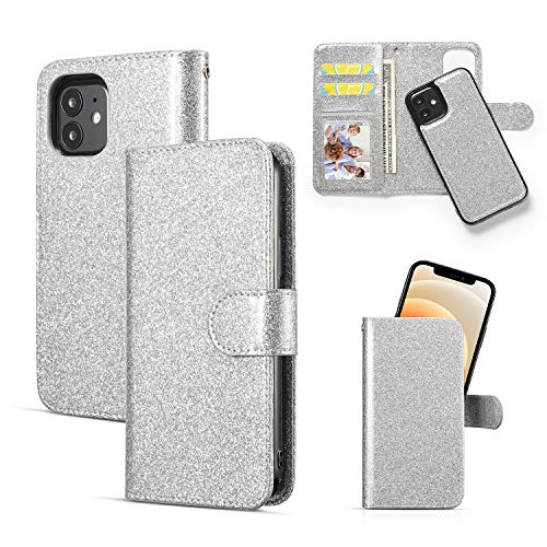 QLTYPRI Case for iPhone 12 Mini Premium PU Leather Rubber Silicone Bumper Card Holder Magnetic Detachable Wallet Case Cover for iPhone 12 Mini (5.4 inch) - Silver