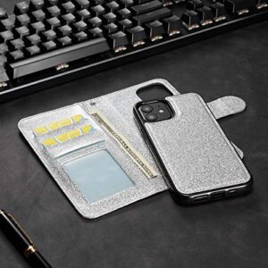 QLTYPRI Case for iPhone 12 Mini Premium PU Leather Rubber Silicone Bumper Card Holder Magnetic Detachable Wallet Case Cover for iPhone 12 Mini (5.4 inch) - Silver