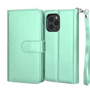 Njjex Compatible with iPhone 12 Mini Case/iPhone 12 Mini Wallet Case 5.4" (2020), [9 Card Slots] PU Leather ID Credit Holder Folio Flip [Detachable] Kickstand Magnetic Phone Cover & Lanyard -Turquoise