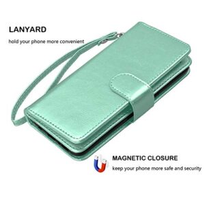 Njjex Compatible with iPhone 12 Mini Case/iPhone 12 Mini Wallet Case 5.4" (2020), [9 Card Slots] PU Leather ID Credit Holder Folio Flip [Detachable] Kickstand Magnetic Phone Cover & Lanyard -Turquoise