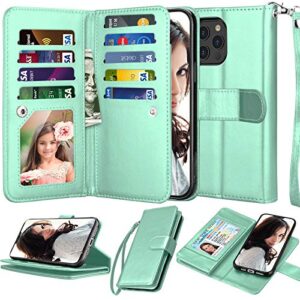 njjex compatible with iphone 12 mini case/iphone 12 mini wallet case 5.4" (2020), [9 card slots] pu leather id credit holder folio flip [detachable] kickstand magnetic phone cover & lanyard -turquoise