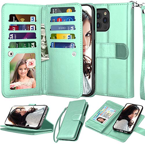 Njjex Compatible with iPhone 12 Mini Case/iPhone 12 Mini Wallet Case 5.4" (2020), [9 Card Slots] PU Leather ID Credit Holder Folio Flip [Detachable] Kickstand Magnetic Phone Cover & Lanyard -Turquoise